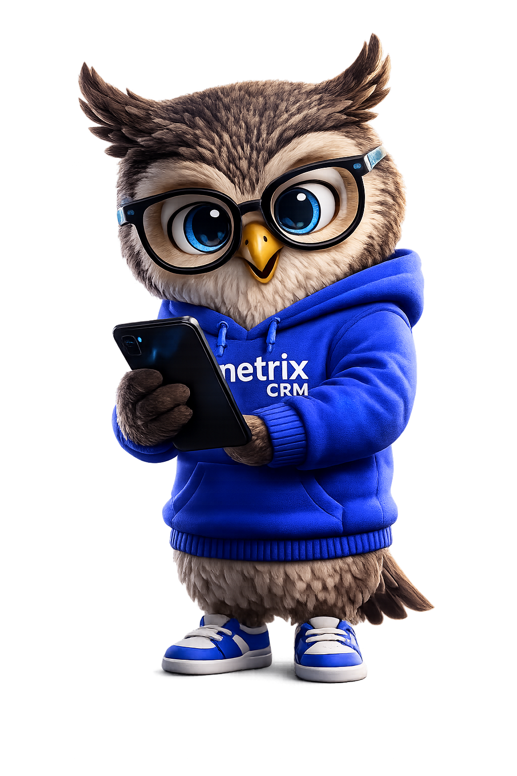 Mascote Metrix CRM com notebook